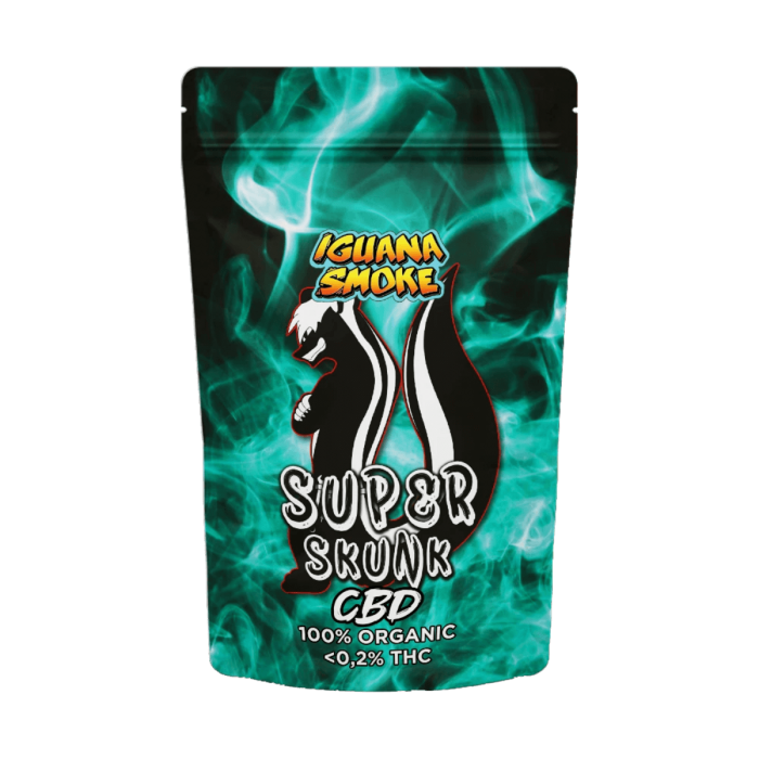 Flores CBD Super Skunk envase de 3 gramos Iguana Smoke, fuerte olor.