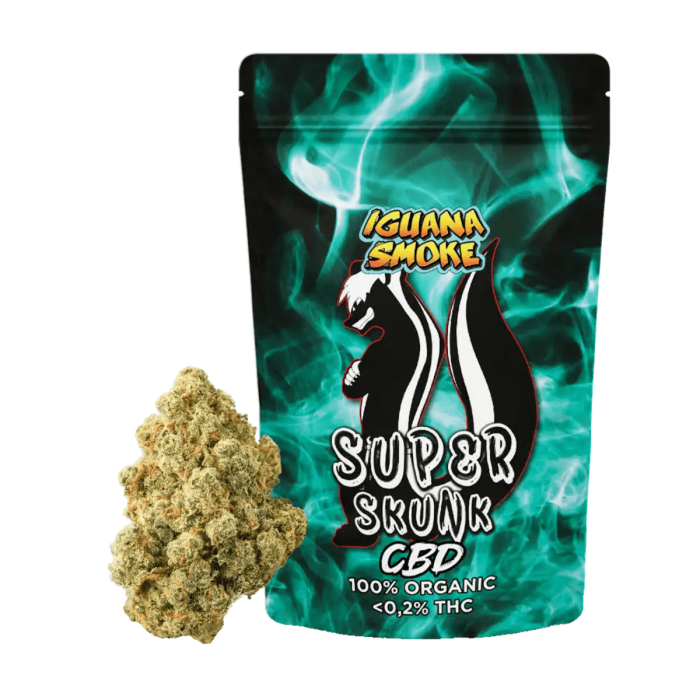 Flores CBD Super Skunk de 3 gramos Iguana Smoke, fuerte olor.