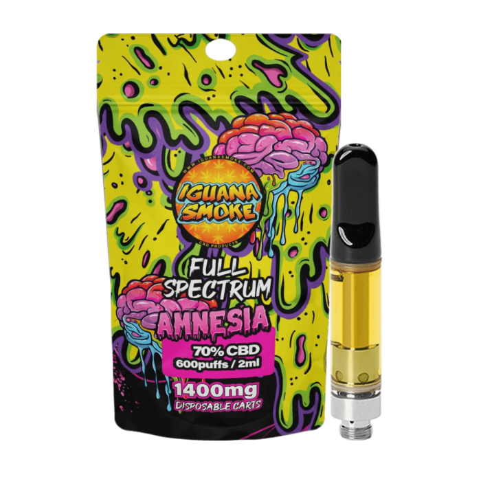 Cartuchos CBD al 70% 1400mg de Iguana Smoke 2ml, amnesia.