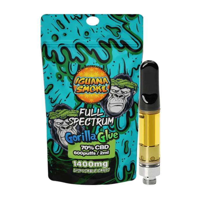 Cartuchos CBD al 70% 1400mg de Iguana Smoke 2ml, gorilla glue.