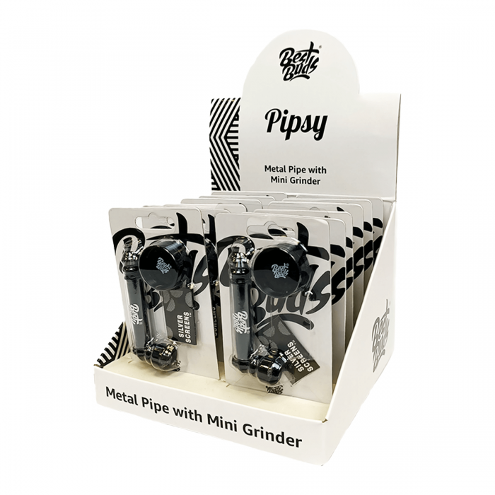 Pipa con Mini Grinder y Rejillas Best Buds, modelo Pipsy, caja de 12 unidades.