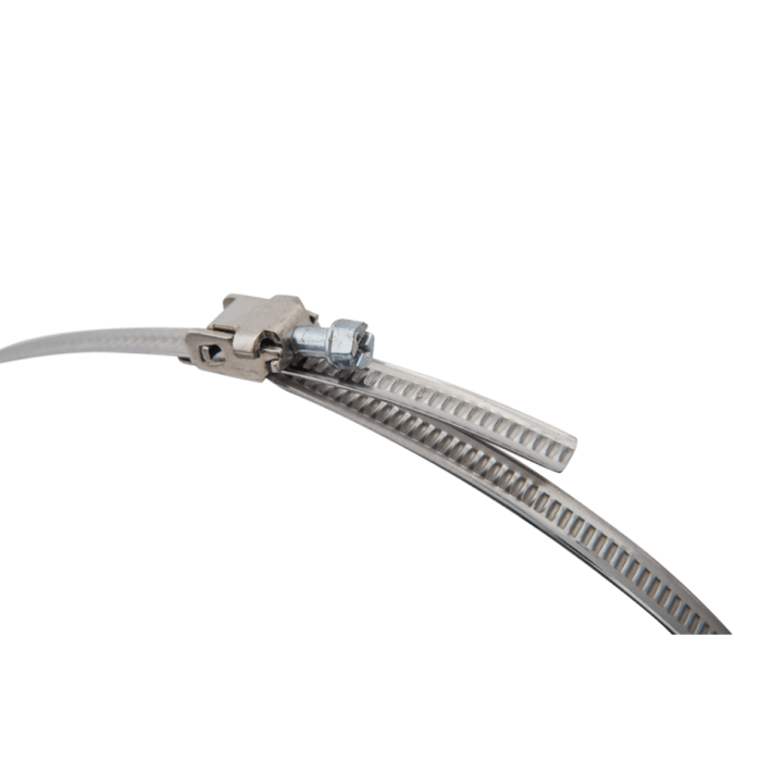 Abrazadera metálica para sujeción de tubos de extraccion, tornillo tensor.