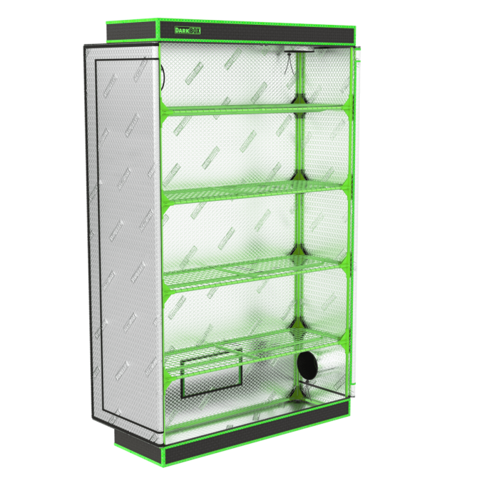 Armario invernadero Dark Box Propagator Tower de 120 x 40 x 200 cm, abierto de perfil.