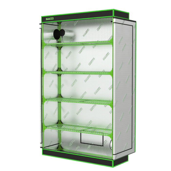 Armario invernadero Dark Box Propagator Tower de 120 x 40 x 200 cm, abierto perfil.