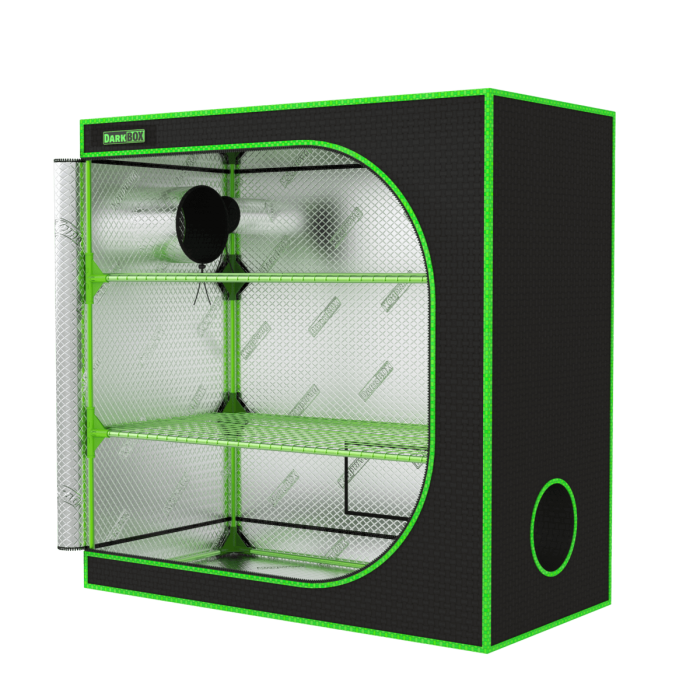 Armario invernadero Dark Box Propagator Tower para esquejes, germinación y plantas madre, abierto de perfil.
