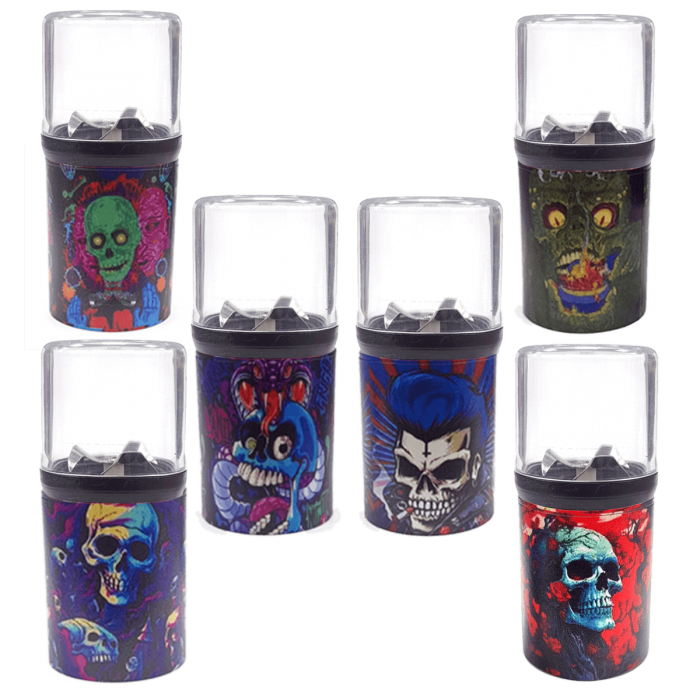 Grinder Eléctrico de plástico modelo calaveras con USB y batería, presentación.