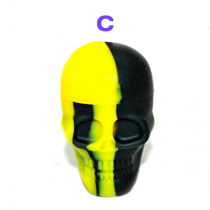 Bote de Silicona Calavera para guardar extracciones de marihuana. Negro y amarillo.