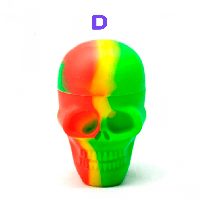 Bote de Silicona Calavera para guardar extracciones de marihuana. Rojo y verde.
