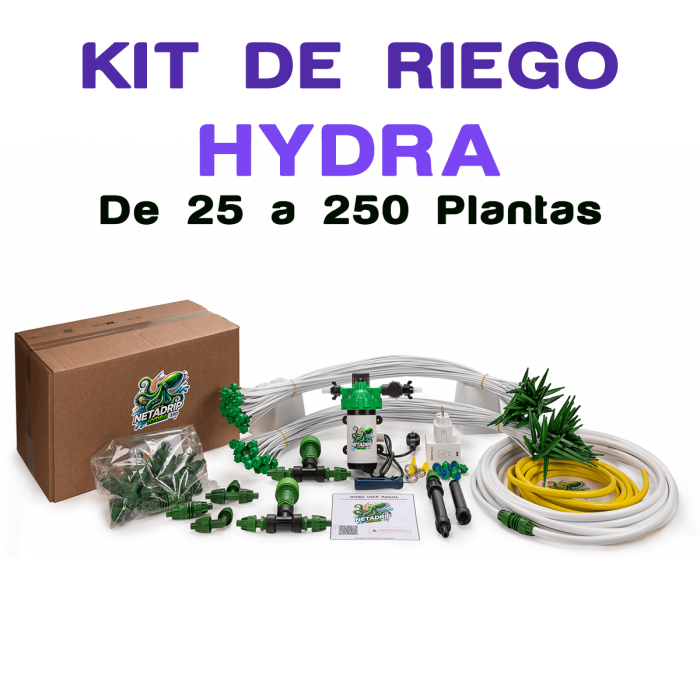 Kits de riego Netadrip Hydra de 25 a 250 plantas, componentes.