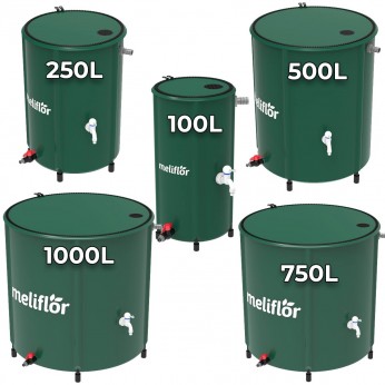 Depósito de agua con grifo Meliflor. Modelos de 100, 250, 500, 750 y 1000 litros de capacidad.