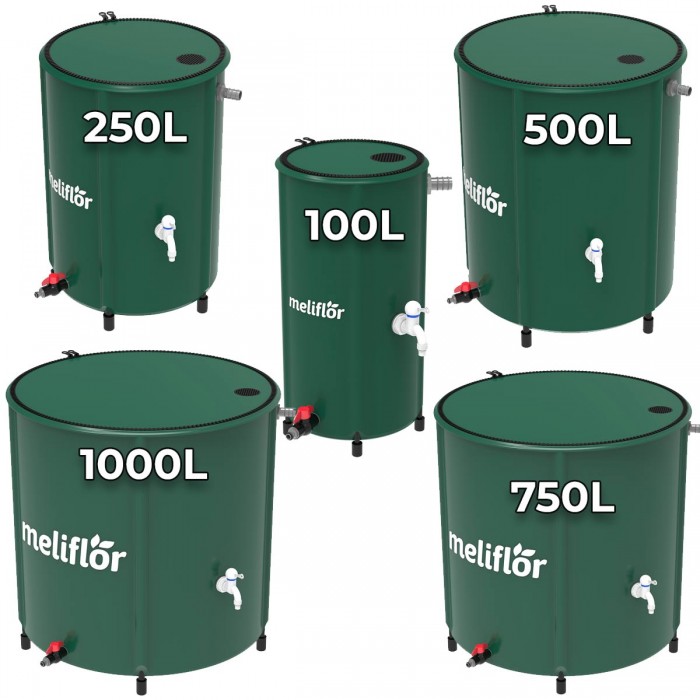 Depósito de agua con grifo Meliflor. Modelos de 100, 250, 500, 750 y 1000 litros de capacidad.