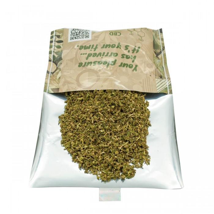Flores CBD espizcadas en bolsa de 30 gramos, abierto.