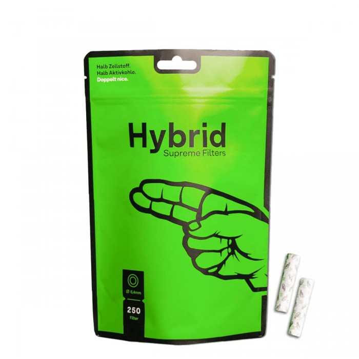 Filtros Hybridos de Carbón Activo y Celulosa Supreme para fumar, envase de 250 unidades.