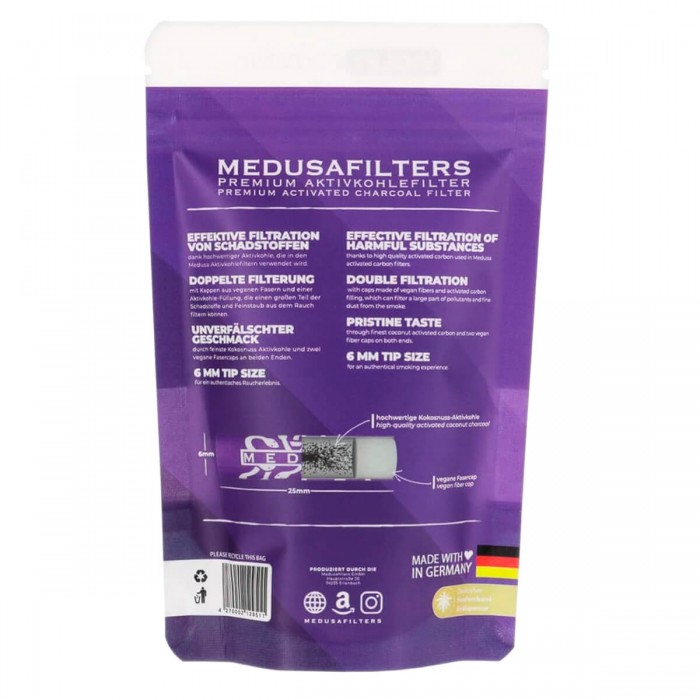 Filtros para fumar de carbón activo vegetal y celulosa, Medusa 6mm 50 uds, contraportada.