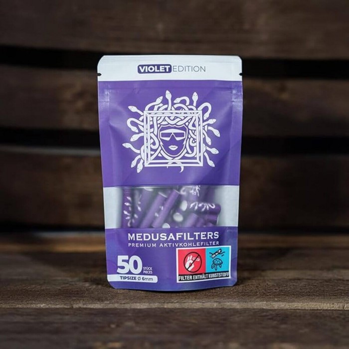 Filtros para fumar de carbón activo vegetal y celulosa, Medusa 6mm 50 uds, presentación.