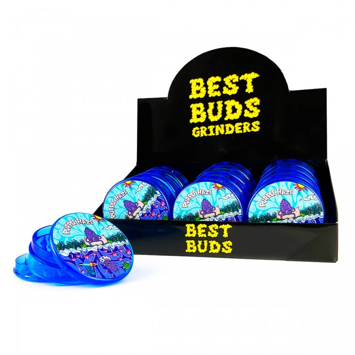 Grinder Purple Haze de plástico 50mm de la marca Best Buds, caja.