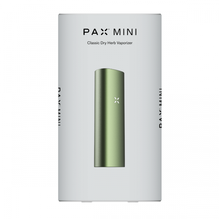 Vaporizador PAX Mini verde para hierbas secas, caja.