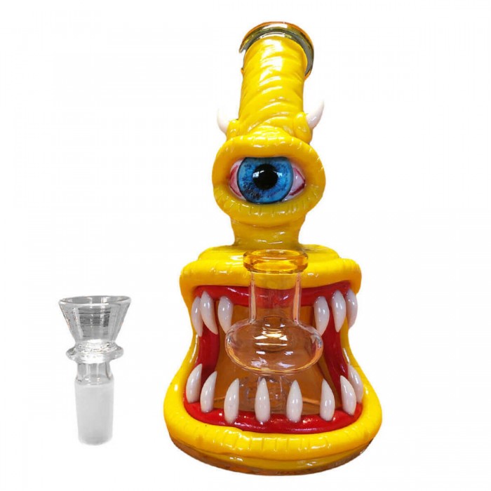 Bong de Cristal y Arcilla Monstruo Amarillo de 16 cm para fumar, cazoleta.