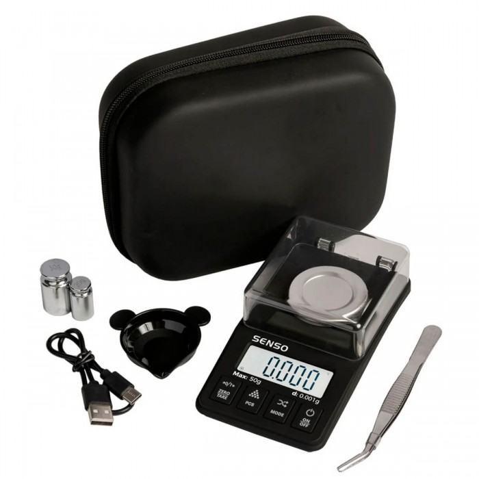 Báscula Senso 250 On Balance de 50g con precisión de 0,001g, componentes.