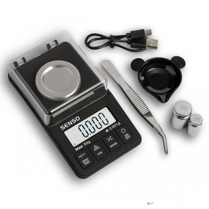 Báscula Senso 250 On Balance de 50g con precisión de 0,001g, complementos.