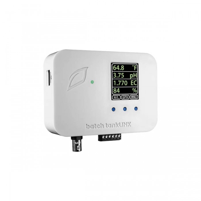 Medidor de nutrientes, acidez y temperatura Batch TankLink de Growlink, perfil izquierdo.