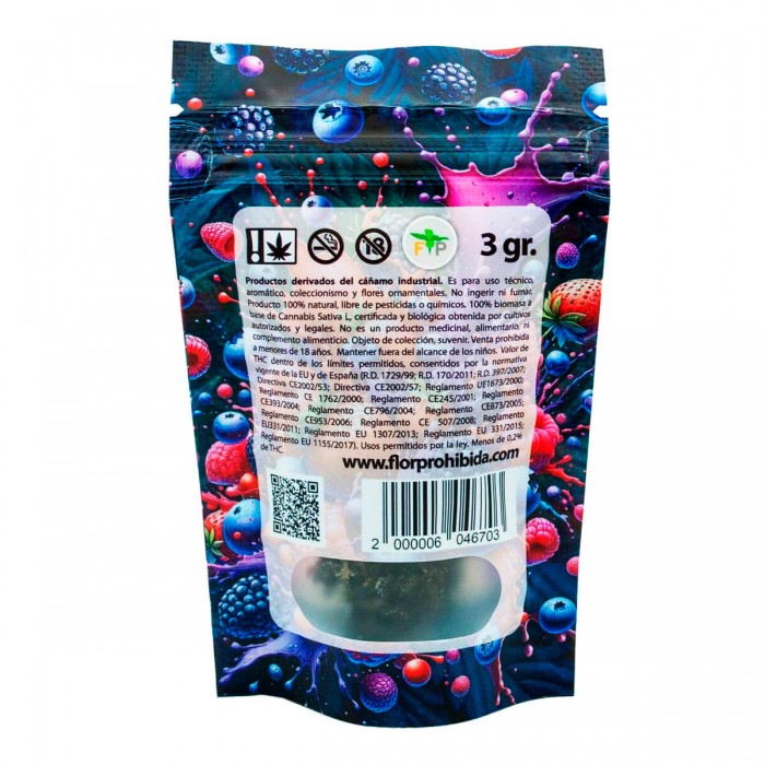 Flores CBD Purple Berry FP 3g, bolsa contraportada.
