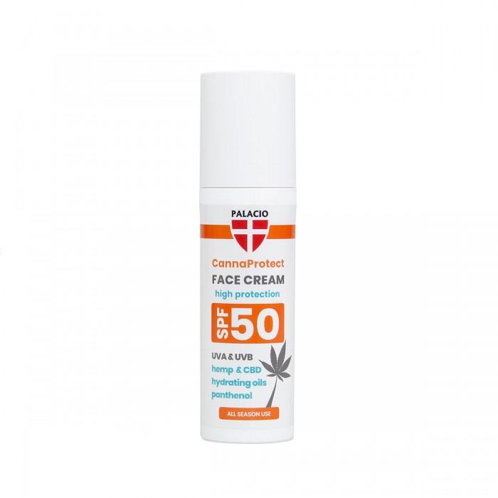 Crema facial protectora solar cannaprotect spf50 de 50 ml con CBD, envase.