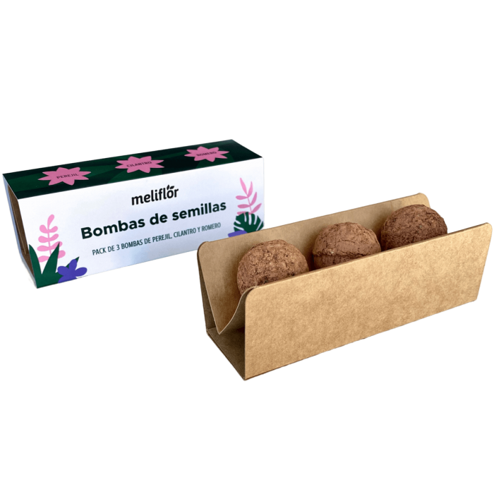 Bombas de Semillas aromáticas Meliflor de perejil-cilantro y romero, embalaje.