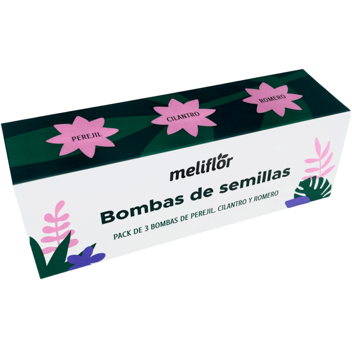 Bombas de Semillas aromáticas Meliflor de perejil-cilantro y romero, caja.