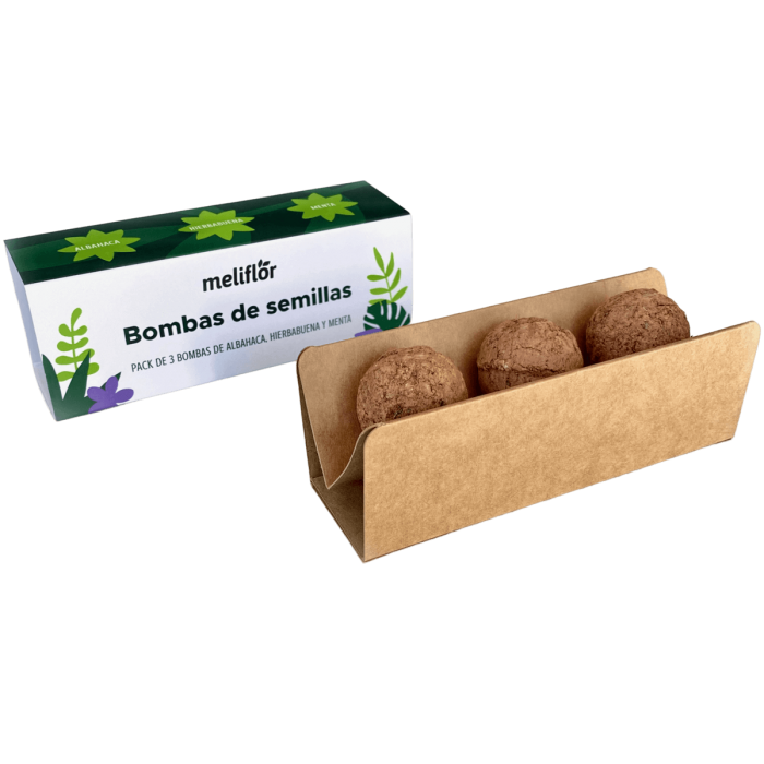 Bombas de Semillas aromáticas Meliflor de albahaca, hierbabuena y menta, embalaje.