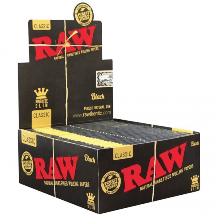 Papel de fumar Raw Black. King Size Slim, caja.
