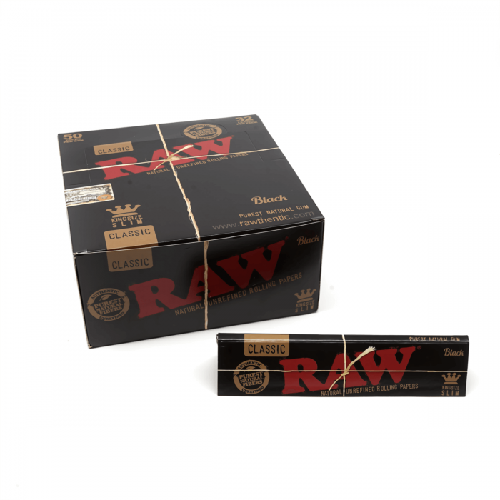 Papel de fumar Raw Black. King Size Slim, presentación.