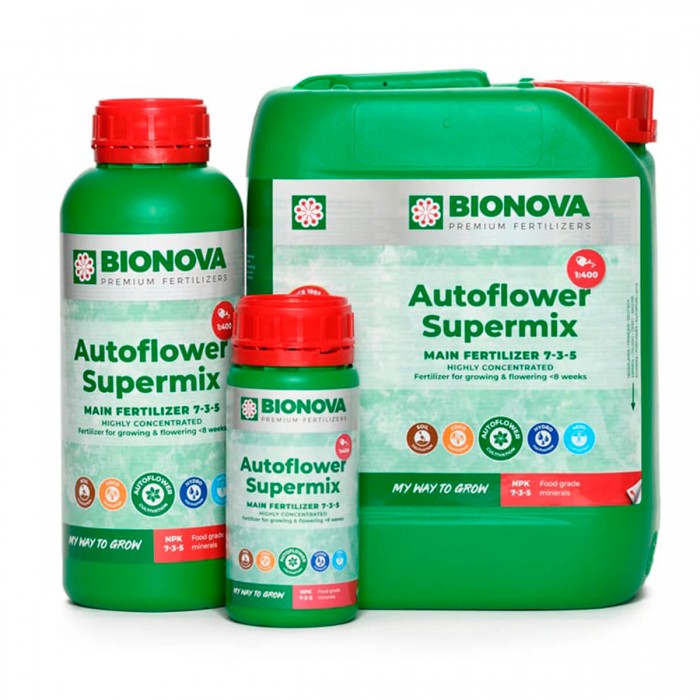 Fertilizante para autoflorecientes Auto-Flower Supermix de Bionova, formatos.