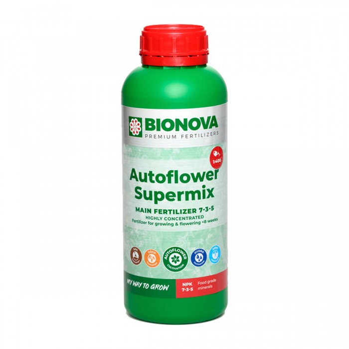 Fertilizante para autoflorecientes Auto-Flower Supermix de Bionova, envase de 1L.