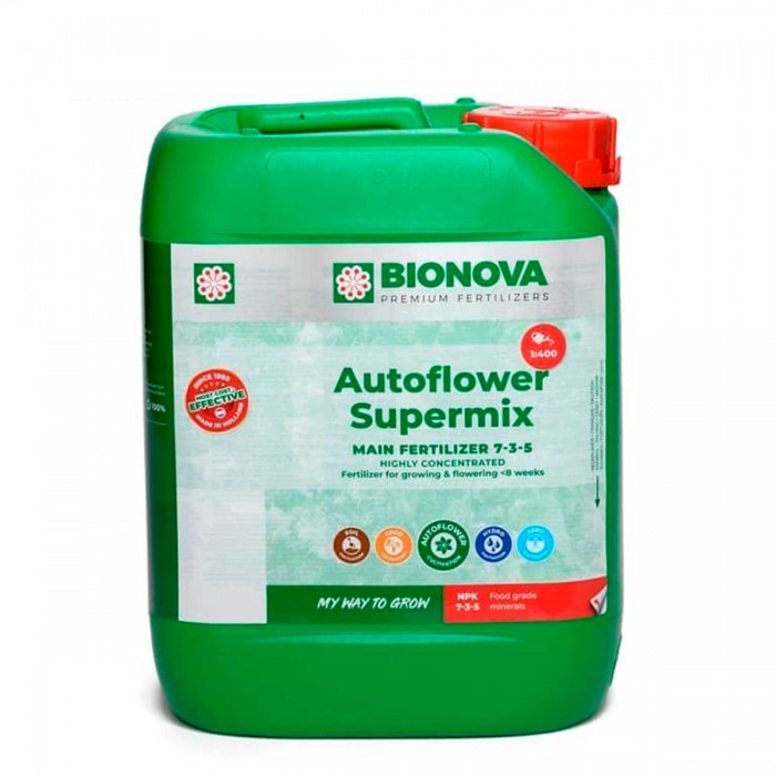Fertilizante para autoflorecientes Auto-Flower Supermix de Bionova, envase de 5L.