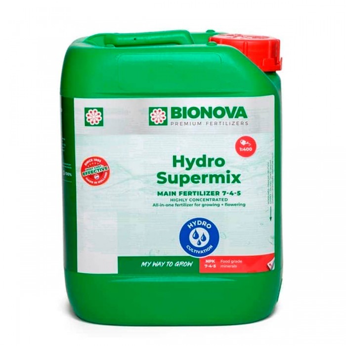 Hydro Supermix, fertilizante de gran pureza para hidropónico, envase de 5L.