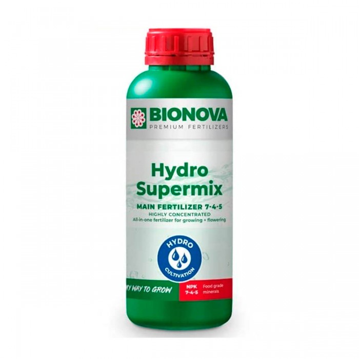 Hydro Supermix, fertilizante de gran pureza para hidropónico, envase de 1L.