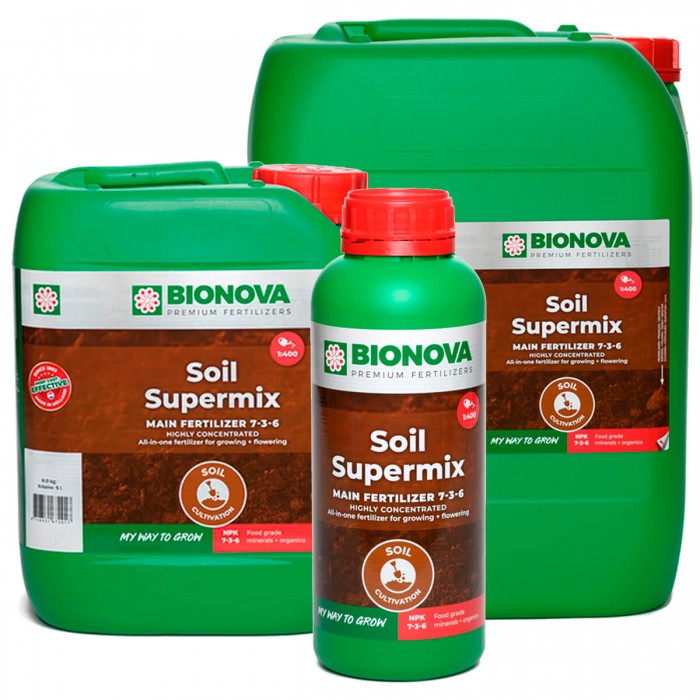 Soil Supermix de Bionova, fertilizante para cultivo en tierra, formatos.