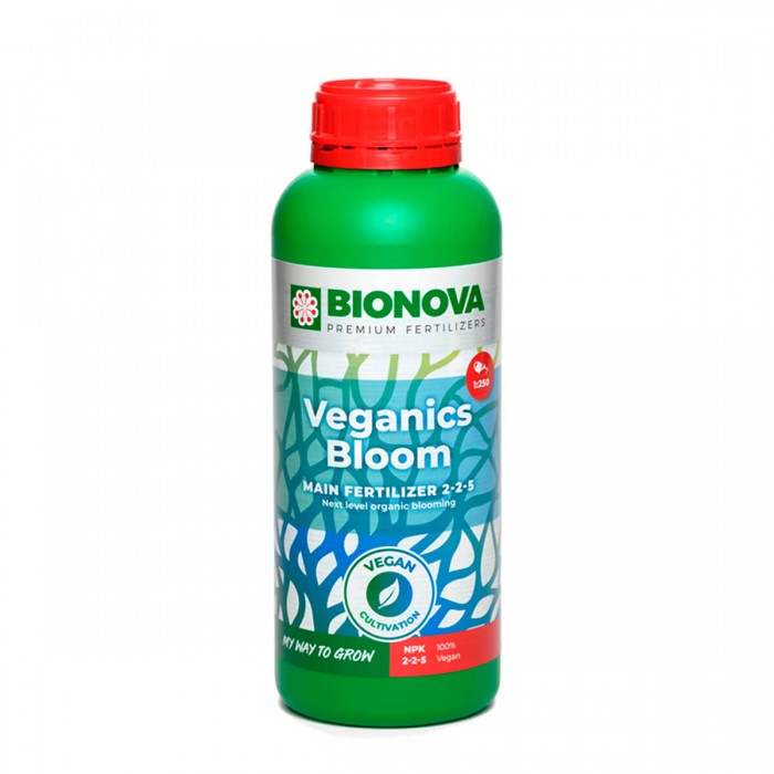 Veganics Bloom de Bionova, fertilizante 100% Vegetal, envase de 1L.