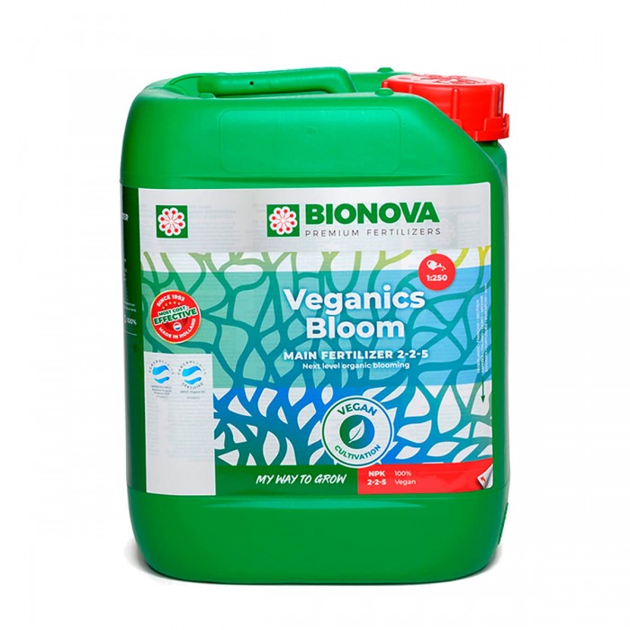 Veganics Bloom de Bionova, fertilizante 100% Vegetal, envase de 5L.