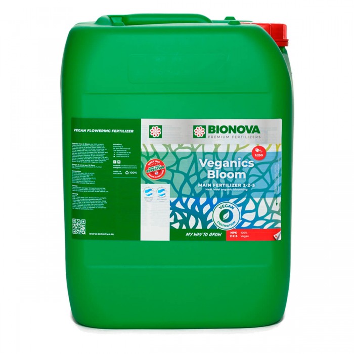 Veganics Bloom de Bionova, fertilizante 100% Vegetal, envase de 20L.