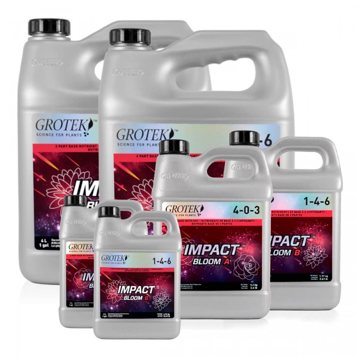 Impact Bloom A+B de Grotek, diferentes formatos.