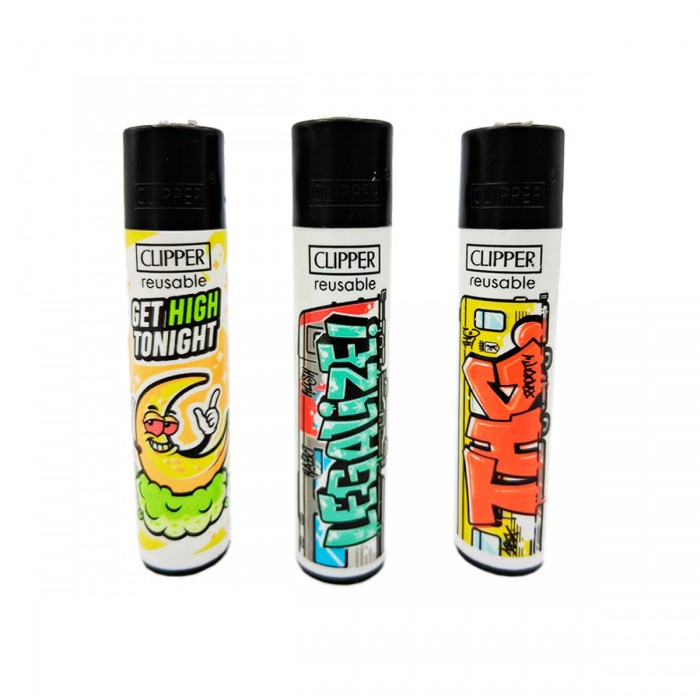 Mechero Clipper con dibujos de marihuana, modelo grafitti.