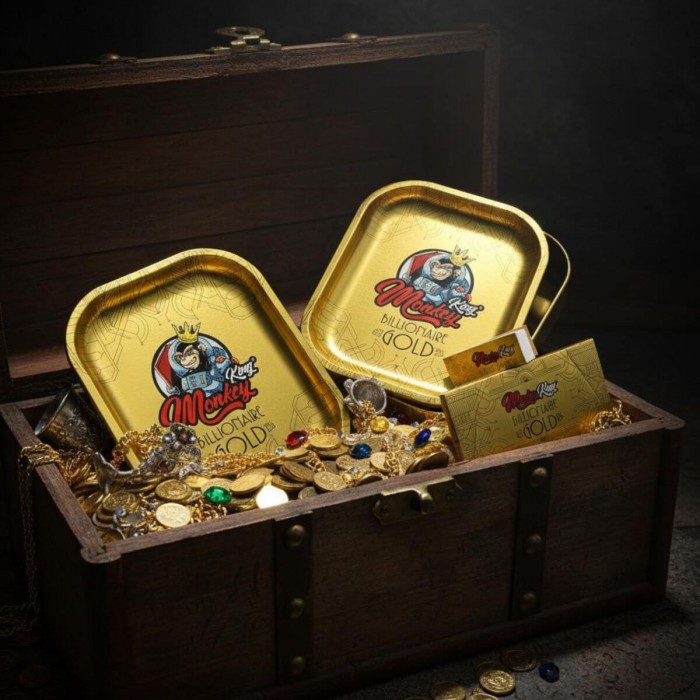 Bandeja con Caja Monkey King Billonaire dorada, kit de productos para fumar.