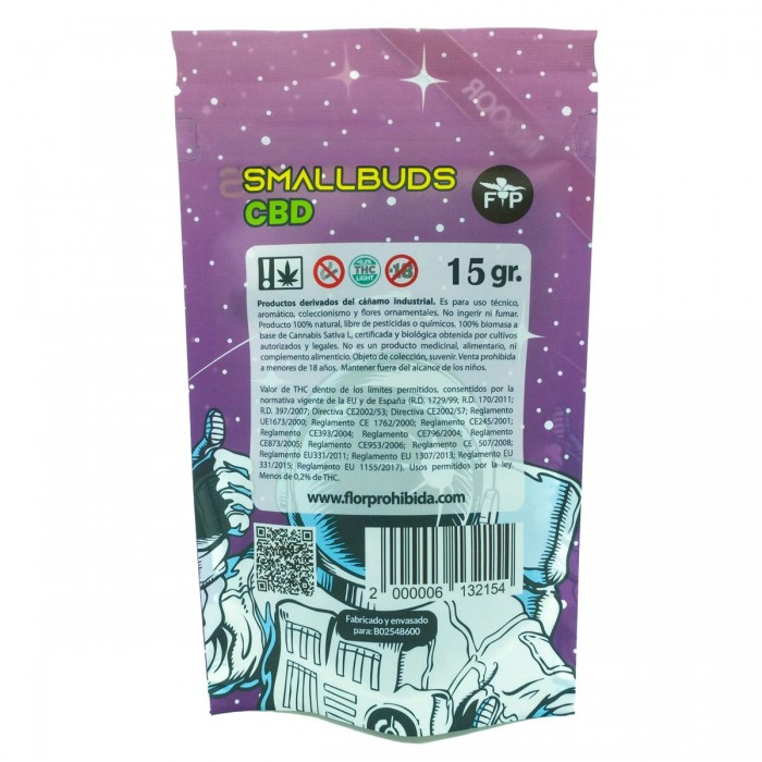 Flores CBD Small Buds Cali Indoor de 15g Lila, contraportada.