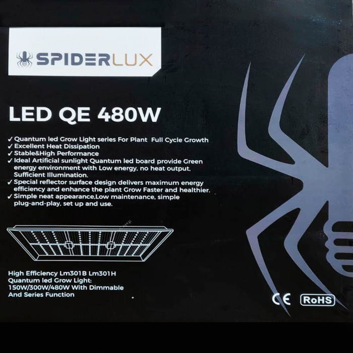 Placa LED Spiderlux 480W con marco reflector, caja con características.