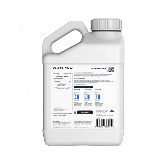 CaMg de Athena, corrector de carencia de Calcio y Magnesio, envase de 3,78L contraportada.