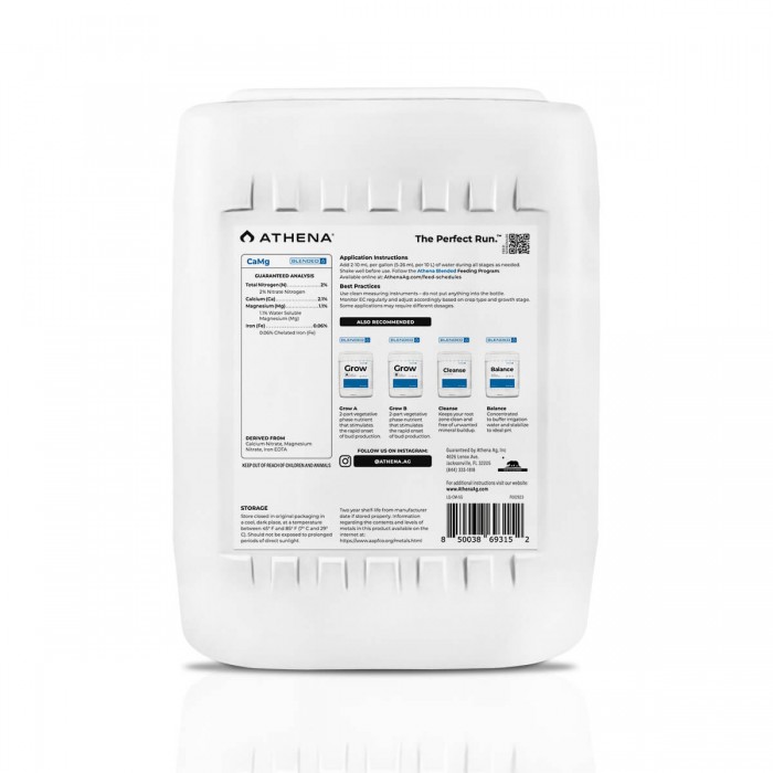 CaMg de Athena, corrector de carencia de Calcio y Magnesio, envase de 18,92L contraportada.
