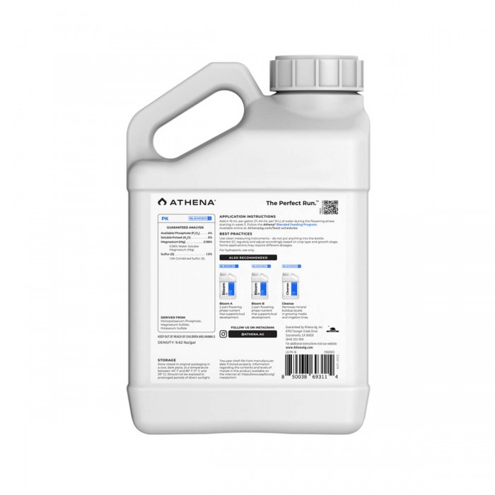 Abono de floración PK de Athena, envase de 3,78 l, contraportada.