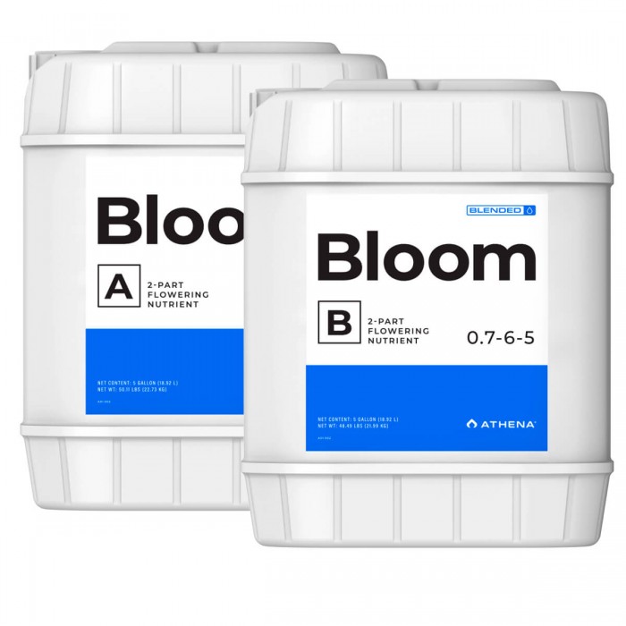 Abono de floración Bloom A+B de Athena, envase de 18,92L.